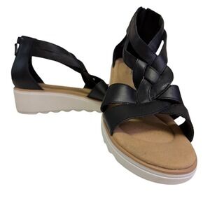 Clarks Jillian Bright Black Leather Braided‎ Wedge Platform Sandals  Size 8